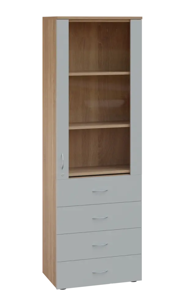 LE - 64 skříň léková prosklená, pravá, korpus dub bardolino, dvířka šedá